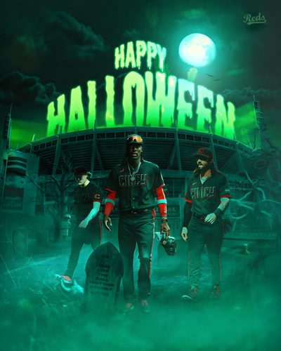 two baseball players are standing in front of a neon green sign that says happy halloween Baseball Halloween American Football Band Poster, Mlb Graphics, Nightmare Before Christmas Zombie Band, dark slate gray