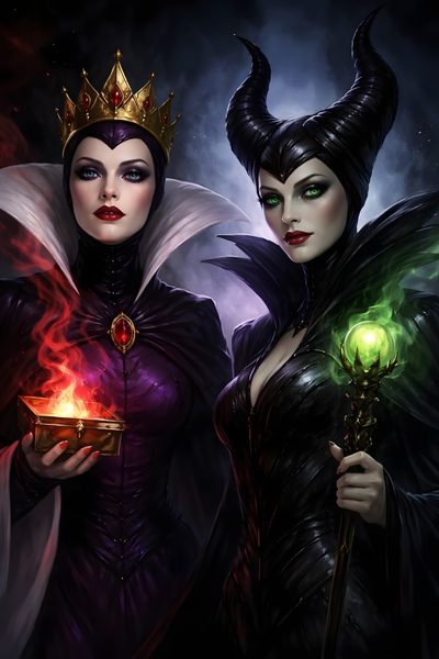 two women dressed as witches holding torches in their hands and looking at the camera with evil eyes Halloween Disney Villains Evil Queen Art, Disney Female Villains, Disney Villains Aesthetic, black