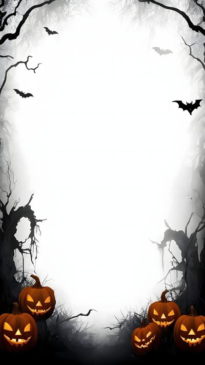 two jack o lantern pumpkins sitting in the middle of a forest filled with bats Custom Halloween Design Diy Halloween Invitation Template, Black And White Halloween Theme, Halloween Party Decoration Ideas, white smoke