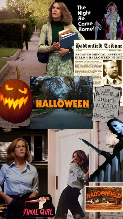 the collage shows many different people in their halloween costumes, including pumpkins and books Halloween 1978 Iphone Halloween 1978 Aesthetic, Halloween 1978, Halloween Backgrounds, dark olive green
