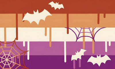 bats and spider webs are hanging from the ceiling in front of purple, orange, and white stripes Halloween Pride Flag Creative Halloween Treat Ideas, Diy Halloween Party Decorations, Halloween Candy Bar Design, indian red