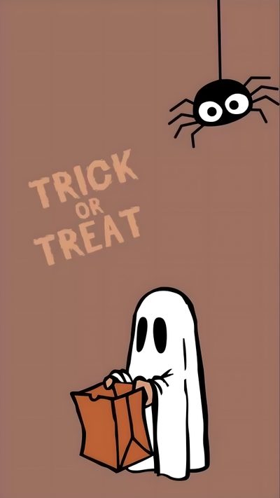 a trick or treat poster with a ghost holding a bag and a spider hanging from the ceiling Halloween School Appropriate Funny Halloween Iphone, Spooked Spider Meme Gif, Trick Or Treat Iphone, gray