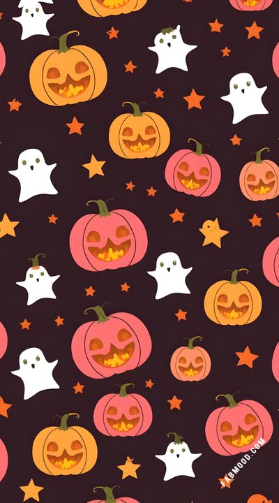 halloween pumpkins with ghost faces and stars on a black background seamless wallpaper Halloween Pumpkins And Stars Scattered Summer Holiday Nails, Pumpkin Patch Party, Glow Pumpkin, black