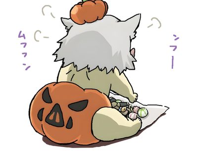a cartoon character sitting on top of a pumpkin Inosuke Halloween Inosuke Pumpkin, Halloween Inosuke, Inosuke Halloween Pfp, Kawaii Inosuke, white