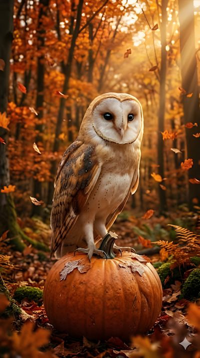 an owl sitting on top of a pumpkin in the woods Halloween Owl Birds, Halloween, saddle brown