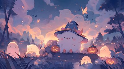 a cat with a witches hat sitting on top of a hill surrounded by pumpkins Kawaii Halloween Desktop Halloween Cute Cartoon Background, Cute Halloween, Halloween For Pc, slate gray
