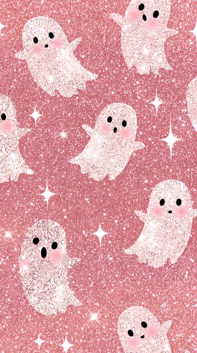 a pink background with white ghost faces and stars Cute Glitter Halloween Pumpkin, Pumpkin Images, Spooky Costumes, Image Cat, pale violet red