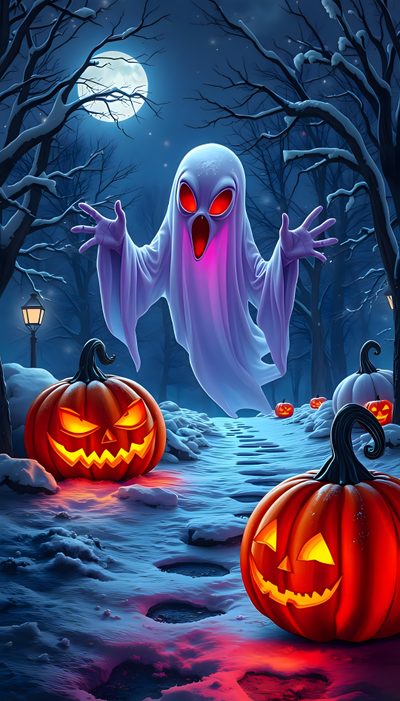 two halloween pumpkins in the snow with ghost faces on them and one has glowing eyes Halloween 4k Ghost Halloween Pictures, Halloween, Spooky Castles, Halloween Art, dark slate gray