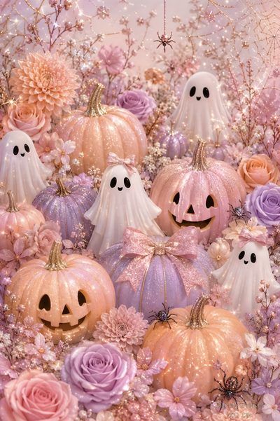 a group of pumpkins with ghost faces on them surrounded by pink and purple flowers Cute Glitter Halloween Pastel Halloween, Glitter Pumpkins, Halloween Inspiration, Halloween Magic, rosy brown