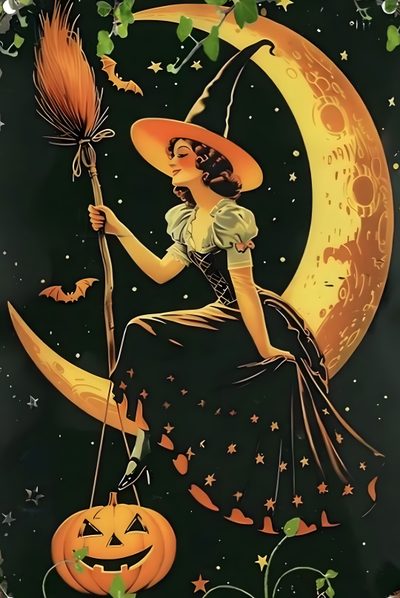 a woman sitting on top of a pumpkin next to a full moon and holding a broom Vintage Halloween Witch Vintage Halloween Images, Witch On Moon, Vintage Witches, Halloween Artwork, black