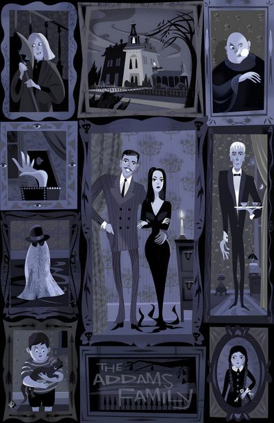 the addams family is depicted in this poster Halloween Family Cameos The Addams Family Art, Adams Family Animation, Addams Family Animation, dark slate gray
