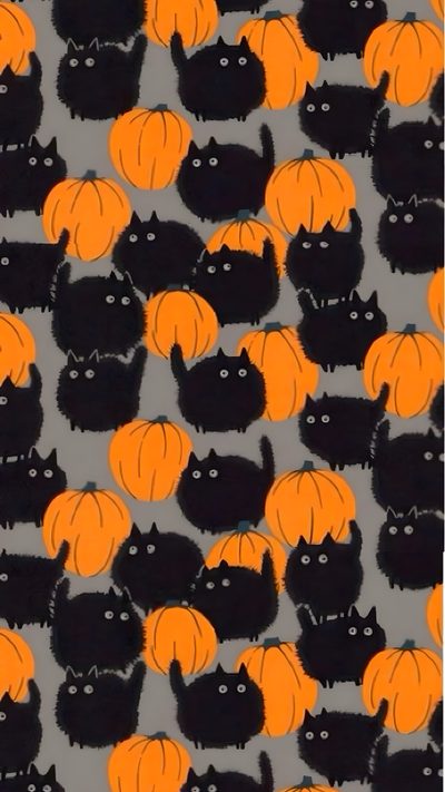 black cats with orange pumpkins on grey background, halloween wallpaper design for kids'room Halloween Black Cat Pillow Halloween Cat Background Aesthetic, Halloween Cat Lockscreen, Pumpkin Cat Iphone, dark olive green