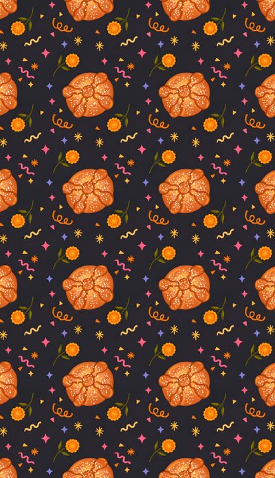 an orange piece of bread on a black background with flowers and stars in the middle Mexican Halloween Dia De Muertos Aesthetic, Tamales, Cute Mexican Food, dark slate gray