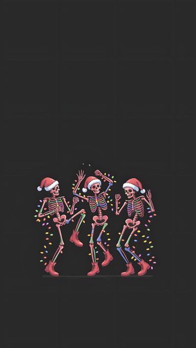 three skeletons wearing santa hats and holding hands in front of a black background with christmas lights Halloween Christmas Scary Christmas Iphone, Aesthetic Christmas Skeleton, Halloween And Christmas, dark slate gray
