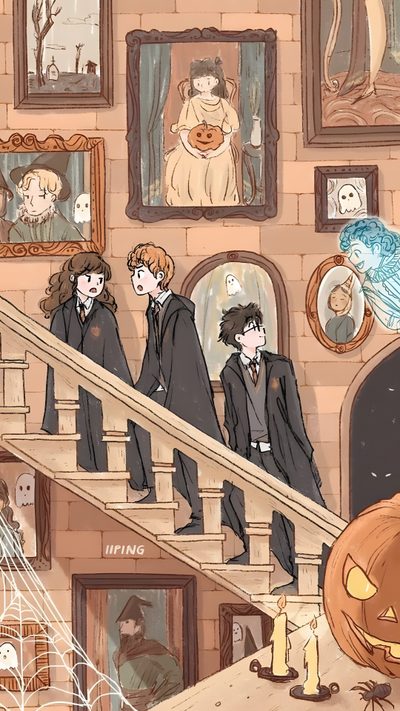 there are many people walking up the stairs in front of halloween pictures on the wall Harry Potter Halloween Iphone Harry Potter Cute, Hogwarts Cute, Aesthetic Harry Potter Drawings Easy, rosy brown