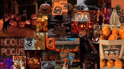 a collage of halloween pictures with pumpkins and other things in the background, Cute Aesthetic Halloween For Computer Halloween 1920x1080, Halloween For Pc, Halloween Macbook Aesthetic, maroon