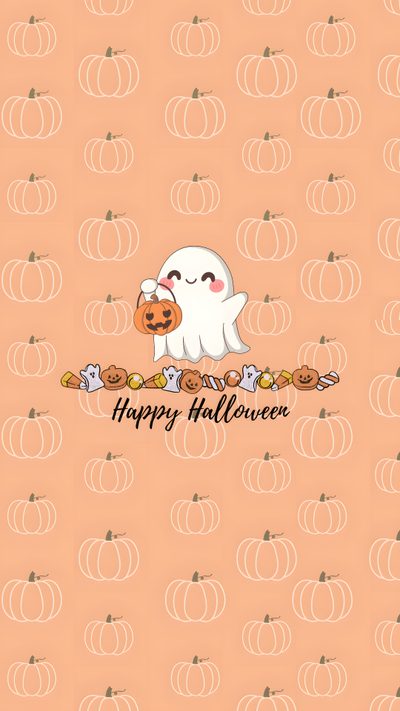 a happy halloween card with a ghost holding a pumpkin Preppy Happy Halloween Cute Halloween, Happy Halloween, Fall Background, Holiday, Halloween, New, burlywood