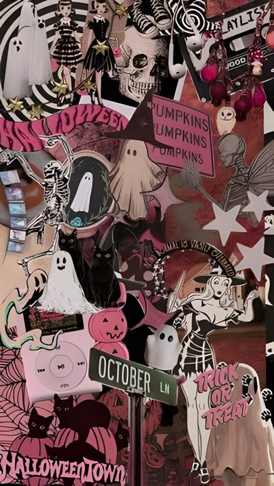 an assortment of halloween stickers on a wall Pink Halloween Collage Halloween Pink, Dark Pink Halloween Aesthetic, Pink Halloween Collage, dim gray