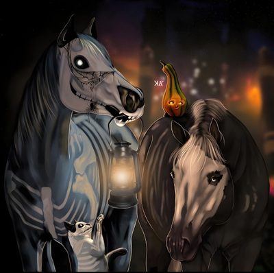 two horses standing next to each other in front of a night sky with buildings and street lights Star Stable Halloween 4k Halloween Horse Background, Halloween Horse Drawing, Halloween Horse, black