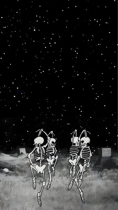two skeletons are running in the grass at night 90s Halloween Phone Spooky Lockscreen Aesthetic, Spooky Phone Aesthetic, Vintage Spooky Aesthetic, black