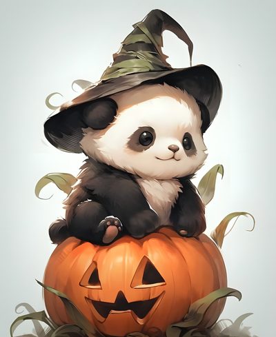 a panda bear sitting on top of a pumpkin Halloween Panda Cute Halloween Panda, Halloween Panda, Panda Pumpkin, Cute Halloween Panda Art, light gray