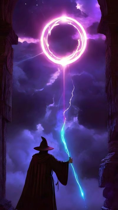a wizard holding a glowing orb in the air with lightning coming out from behind it Merlin Wizard Halloween Rainbow Purple Blue Ray, Blue,