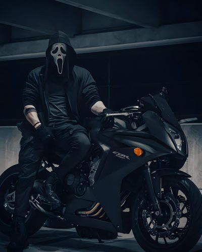 a man wearing a mask sitting on a motorcycle Halloween Motorcycle Ghost Motorcycles, Halloween Bikers, Ghost Face Biker, black