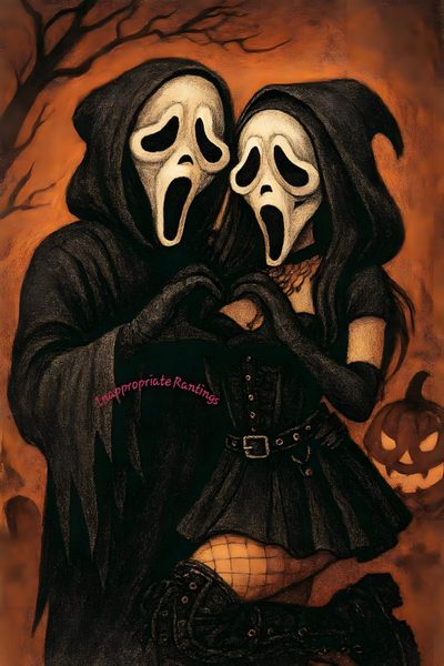 a drawing of two people dressed up in halloween costumes with masks on their faces and hands Hot Halloween Horror Characters Couples, Ghostface Halloween Pictures, Ghostface Couple, black