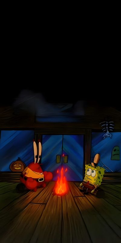 two cartoon characters sitting around a fire in the middle of a wooden floored room Spongebob Squarepants Halloween Funny Home, Halloween Ideas, Spooky Phone Backgrounds, Cartoon Iphone, black