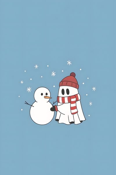 two snowmen standing next to each other on a blue background with snow flakes Cute Halloween And Christmas Cute Winter Ghost, Aesthetic Cute Snowman, Snowman Ideas, medium aquamarine