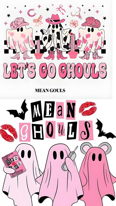 the poster for mean ghouls's men and women show is shown in pink Cute Halloween Mean Girls Ghoul Meaning, Letting Go, Let It Be, white smoke
