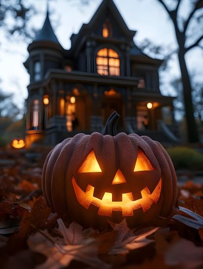 a carved pumpkin sitting on top of leaves in front of a house with lit eyes Calabazas Halloween Photo Halloween, Happy Halloween Pictures, Image Halloween, dark slate gray