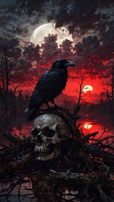 a crow sitting on top of a human skull Halloween Skulls Creepy Backgrounds, Nghệ Thuật Kinh Dị, Samurai, Dark Art Photography, Scary, Gothic, black