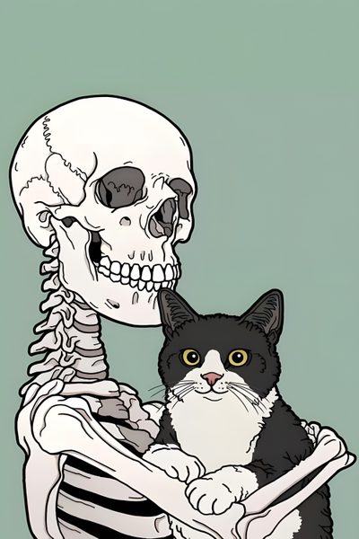 a black and white cat sitting next to a skeleton holding a human skull in it's arms Halloween Skeleton Cat Halloween Iphone, Halloween, Couple Drawing, Estetika, Image Halloween, dark gray