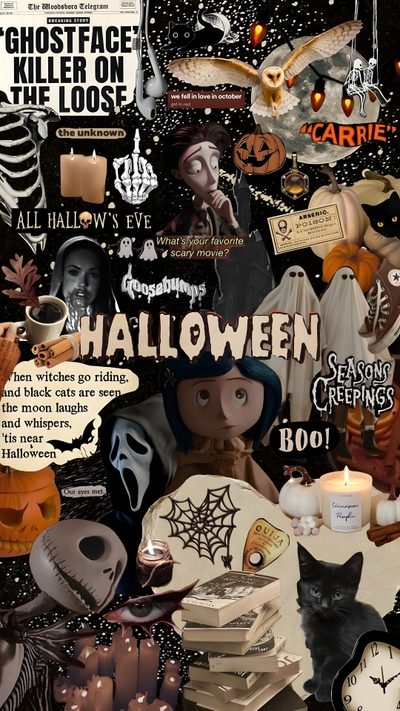 a collage of halloween related items Halloween Junk Halloween Iphone, Cantik Iphone, Halloween, Halloween Iphone Backgrounds, dark olive green