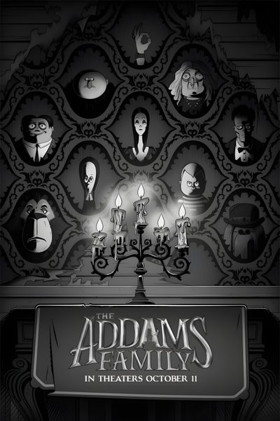 the addams family poster with candles and masks on display in front of an ornate wall Halloween Addams Family Fall Patterns, Family Poster, Family Cartoon, Addams Family Musical, dark slate gray