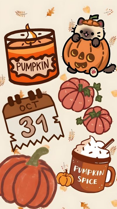 an image of pumpkins and other items on a white background with the words pumpkin spice October Preppy Halloween Cute Halloween Drawings, Fall Drawings, Halloween Iphone Backgrounds, burlywood