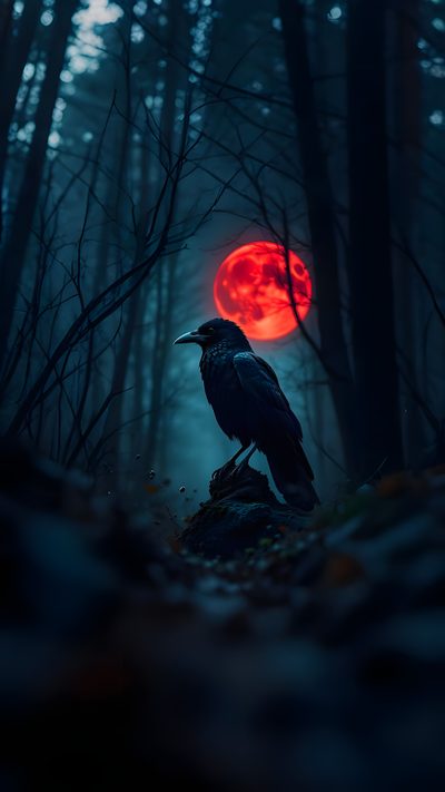 a black bird sitting on top of a rock in the woods next to a red moon Halloween Crow Dark Custom Crow Dark, Giant Raven, Ravens, Raven, Archangel Tattoo, Phone Vintage, black