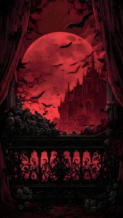 an image of a castle in the background with bats and blood red moon above it Red Halloween Dark Vampire, Black And Red Halloween, Occult Gothic, Gothic Cover,