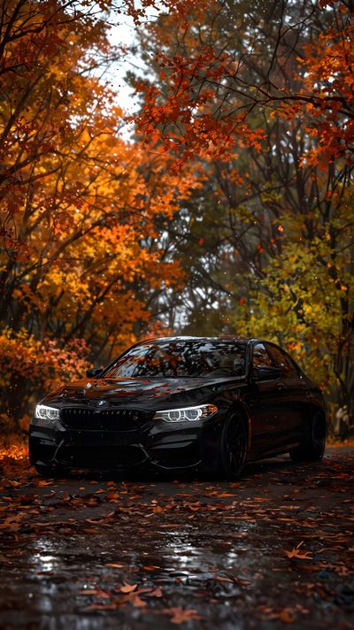 a black car parked in front of some trees with orange and yellow leaves on the ground Bmw Halloween Bmw Fall, Bmw M5 Cs Autumn, Bmw Fall Background, Bmw Autumn, Autumn Car Ideas, dark olive green