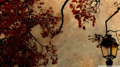 an old fashioned street light with red leaves on it's branches and the sky in the background Vintage Halloween Desktop Free Vintage, Fall Background, Ipad Background, Cute Laptop, Mac, Ảnh Bìa, sienna