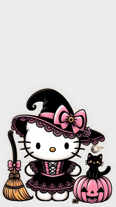 hello kitty halloween wallpaper with a black cat and a pink witch's hat Halloween With Hello Kitty In A Hat Pink Hello Kitty Halloween, Cute Hello Kitty Halloween, Halloween Aesthetic Hello Kitty, gainsboro