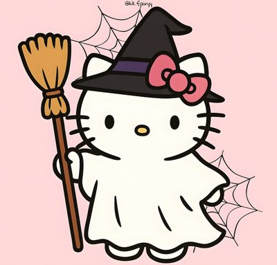 a hello kitty holding a broom and wearing a witch's hat with a spider web on it Halloween With Hello Kitty In A Hat Drawing Of Hello Kitty Halloween, Drawings Halloween Hello Kitty, Hello Kitty Drawing Halloween, misty rose