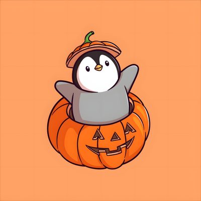 a penguin sitting on top of a pumpkin with a hat on it's head Penguin Halloween Halloween Penguin Pfp, Pumpkin Pug Drawing, Halloween Penguin Clipart, sandy brown