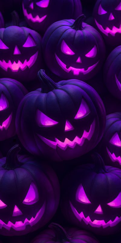 many carved pumpkins with glowing purple lights in the dark, all on top of each other Halloween Purple Happy Halloween Pictures, Scary Photos, Halloween Backgrounds, Samhain Halloween, black