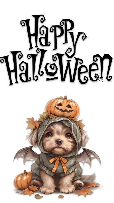 a small dog wearing a halloween costume sitting next to a sign that says happy halloween Yorkie Halloween Anime Music Videos, Halloween Chihuahua Pictures, Happy Halloween Dog Pictures, white