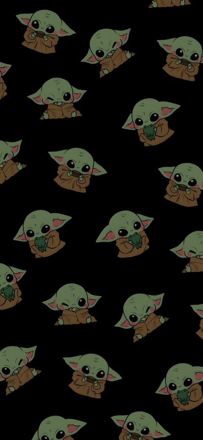 an image of baby yoda eating something on the dark background with many smaller ones Cute Baby Yoda Halloween Grogu Iphone, Grogu, Baby Yoda Aesthetic, Grogu Backgrounds, Baby Yoda Pattern, black