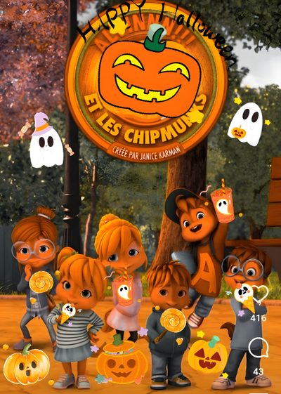 a group of cartoon characters standing in front of a happy halloween sign Alvin And The Chipmunks Halloween Spongebob Halloween, Chipmunks, Halloween, saddle brown