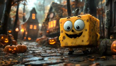 a spongebob halloween scene with pumpkins in the background Spongebob Halloween 4k Spongebob Halloween, Pumpkin, Desktop Images, Halloween Backgrounds, dark olive green