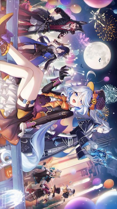 some anime characters are flying through the air with fireworks in the sky above their heads Genshin Impact Halloween Furina Ipad, Fontaine Genshin, Genshin Impact Fontaine, light slate gray